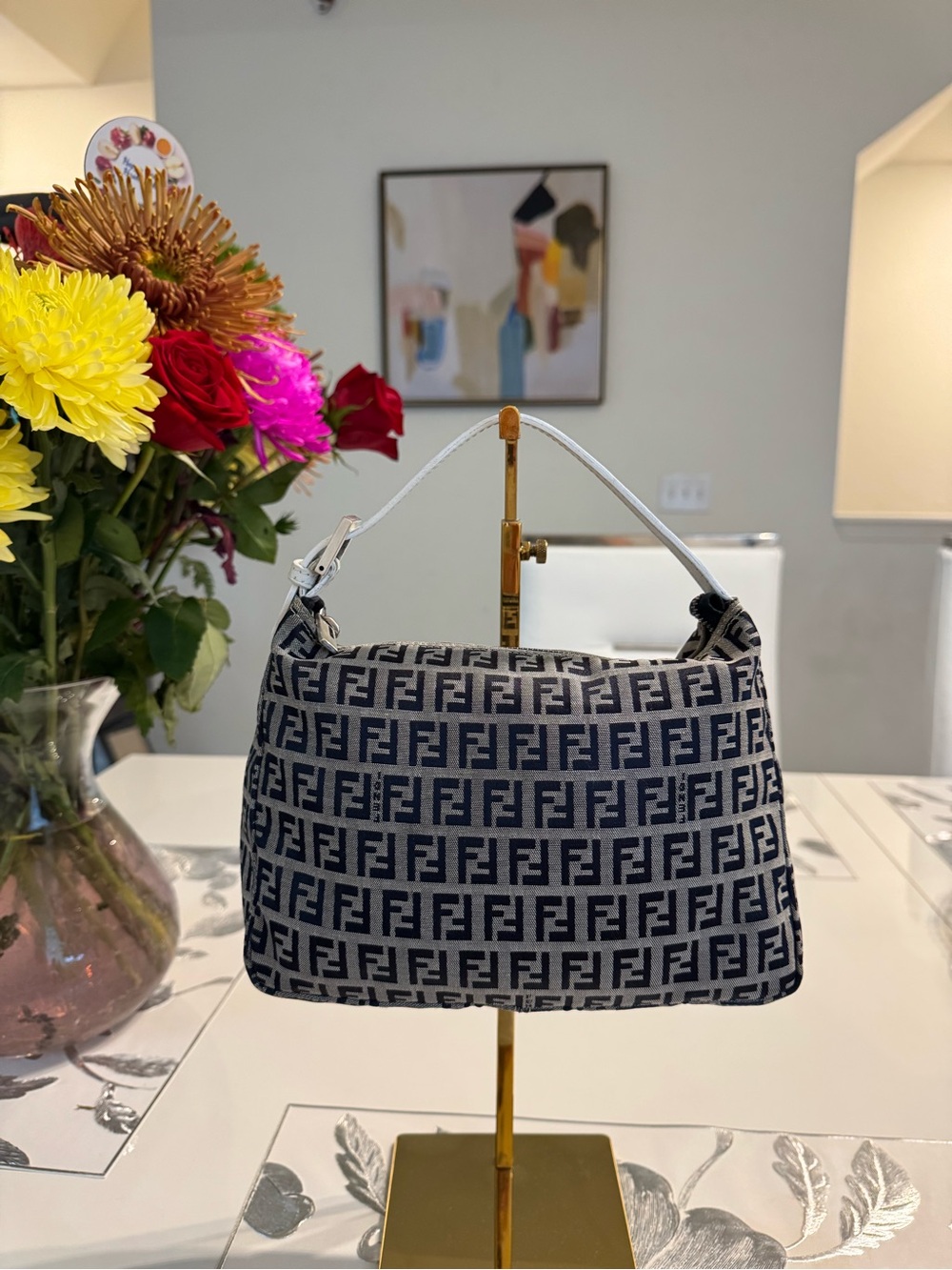 Fendi Zucca FF Canvas Shoulder Bag Navy & White Vintage